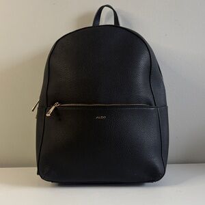 ALDO Black Pebbled Faux Leather Backpack Gold Zipper Minimalist Bag
